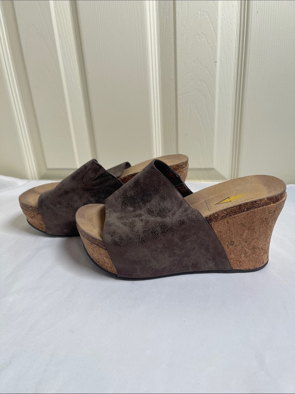 Volatile Dark Brown Cork Wedge Slide Sandals